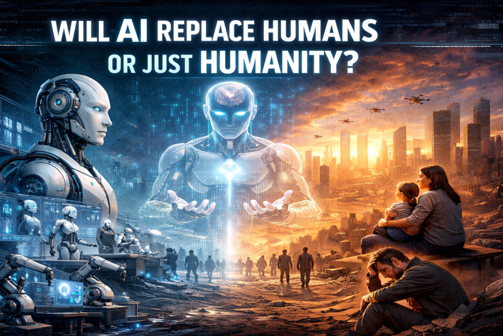 A futuristic scene exploring the question ‘Will AI replace humans or just humanity?’ with robots on one side, humans on the other, and a glowing AI figure in the centre.